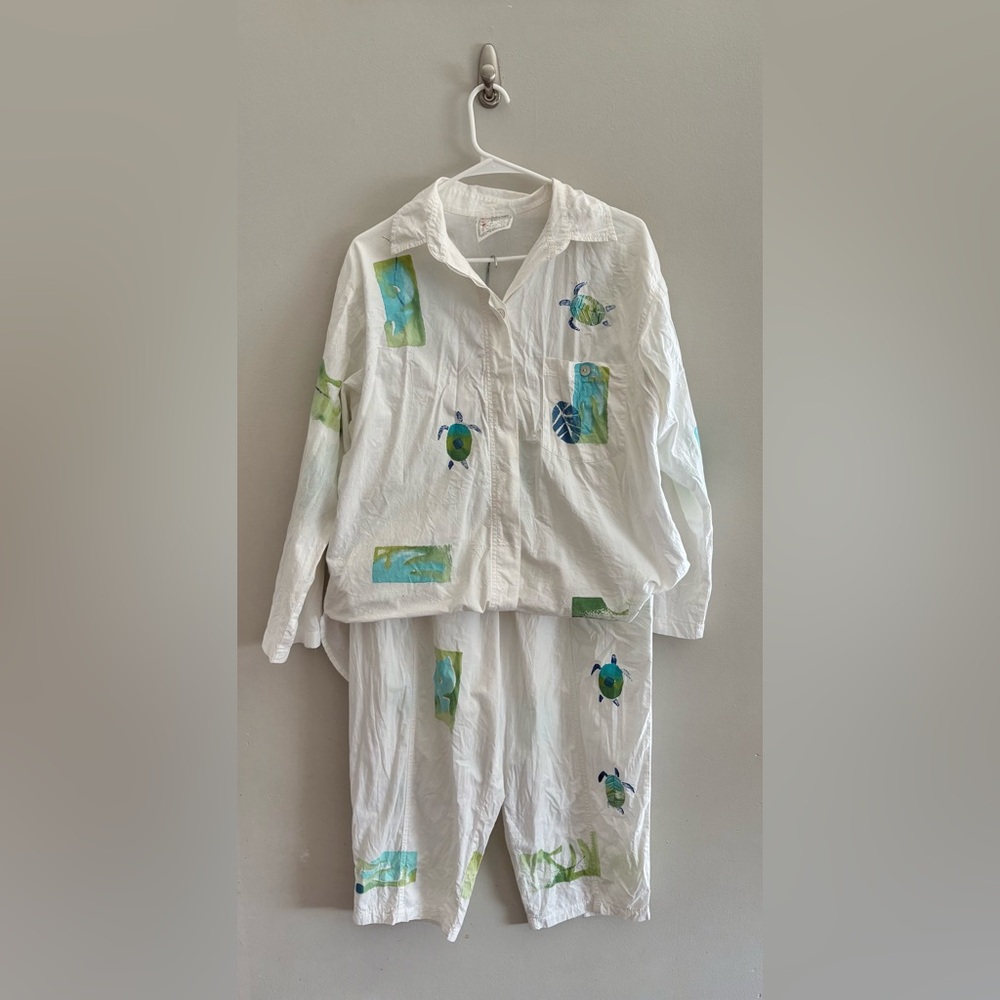 Vintage Play Alegre Handpainted  Art To Wear 2-Piece Set Top & Pants Size M/L